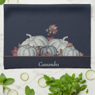 Linge De Cuisine Boho Fall Blue White Aquarelle Citrouille Automne