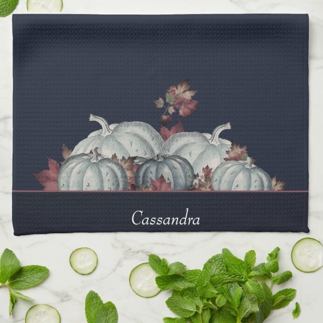 Linge De Cuisine Boho Fall Blue White Aquarelle Citrouille Automne (Plié)