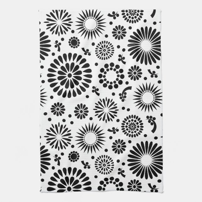 Linge De Cuisine Boho fleurit le motif floral de vecteur noir et (Vertical)
