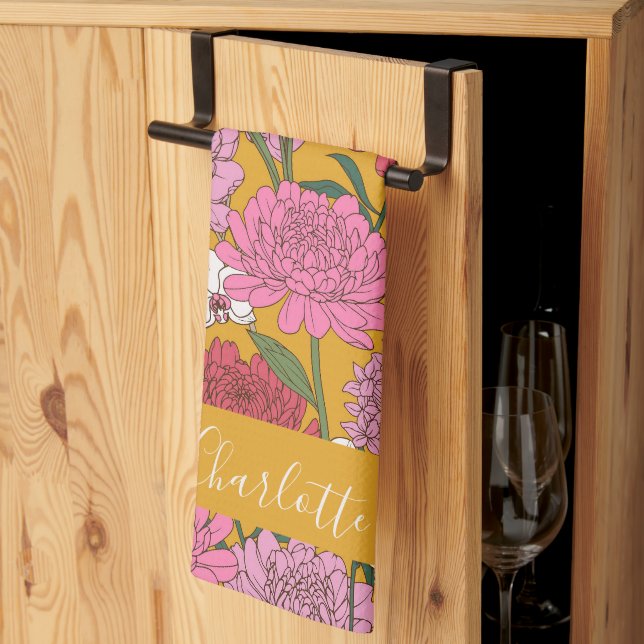 Linge De Cuisine Boho Floral Garden Jaune Nom personnalisé (Pliage en tiers)