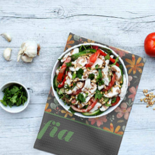 Linge De Cuisine Boho moderne fleur sauvage rose jaune motif gris 