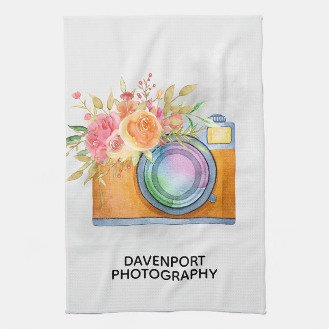 Linge De Cuisine Boho Orange Caméra & Bouquet Floral Aquarelle (Vertical)