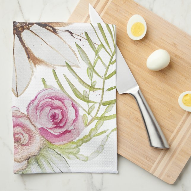 Linge De Cuisine Boho Rose Vert Marron Blanc Floral Tendance (Quart Plié)