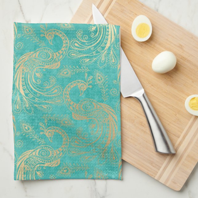 Linge De Cuisine Boho turquoise et or élégant motif paon (Quart Plié)
