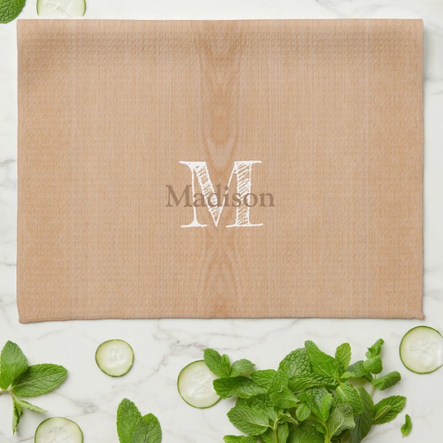 Linge De Cuisine Bois brun clair grain Monogramme personnalisé (Plié)