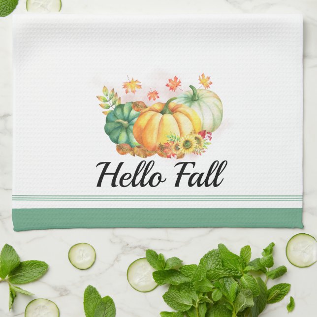 Linge De Cuisine Bonjour Automne Aquarelle Citrouilles Thanksgiving (Plié)