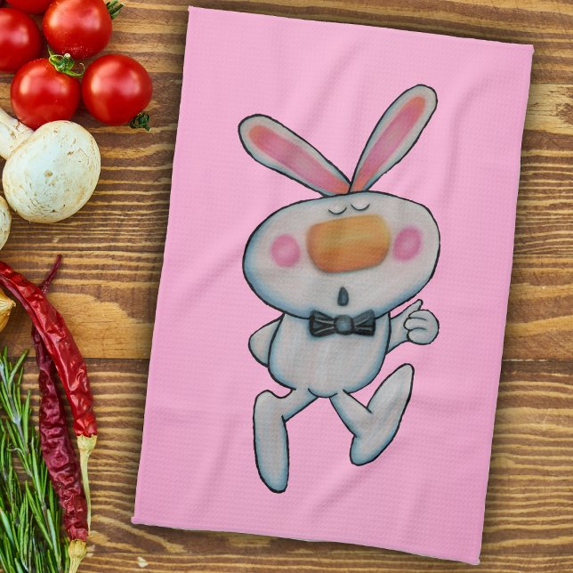 Linge De Cuisine Bonne Cartoon pouces vers le haut Bunny Bow Cravat (white bunny rabbit thumbs up sign wearing bow tie on vibrant pink kitchen hand towel.)