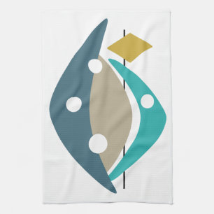Linge De Cuisine Boomerangs bleus du milieu du siècle 1950