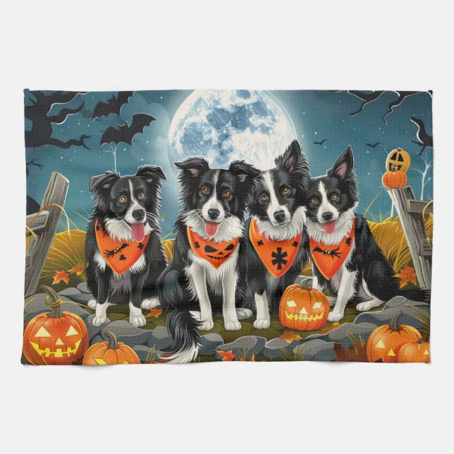 Linge De Cuisine Bordure Collie Halloween Éffrayant (Horizontal)