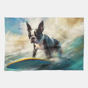 Linge De Cuisine Boston Terrier Beach Surfing Peinture