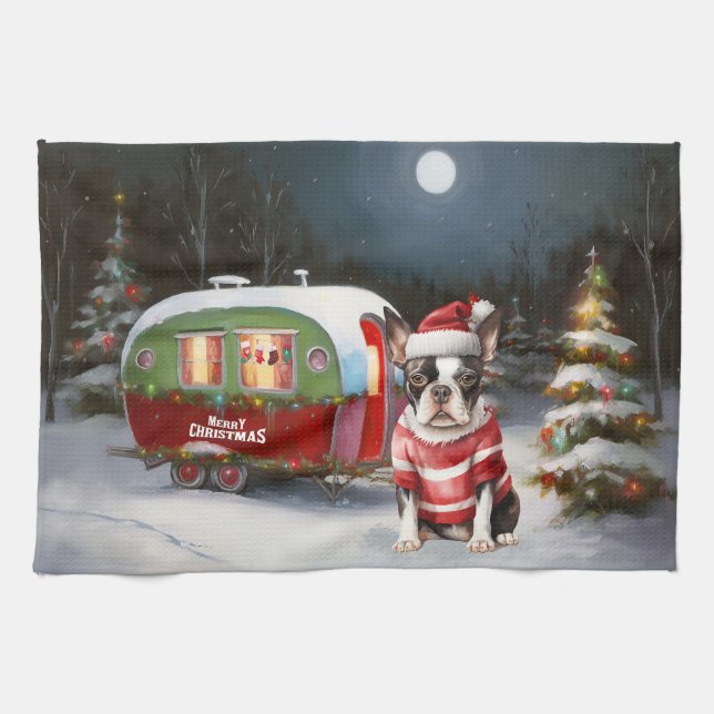Linge De Cuisine Boston Terrier Caravan Christmas Adventure (Horizontal)