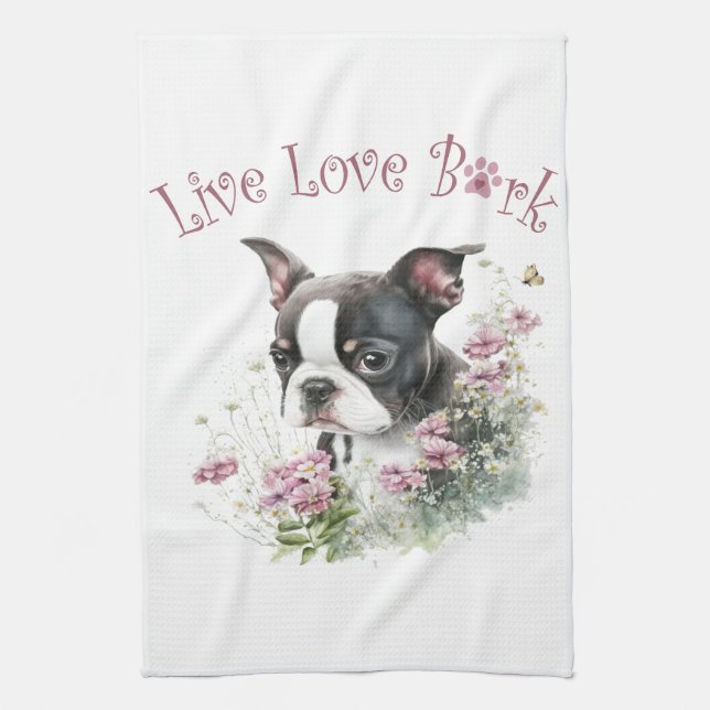 Linge De Cuisine Boston Terrier Chien Maman Florale (Vertical)