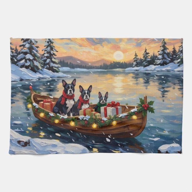 Linge De Cuisine Boston Terrier Christmas Boat Holiday (Horizontal)
