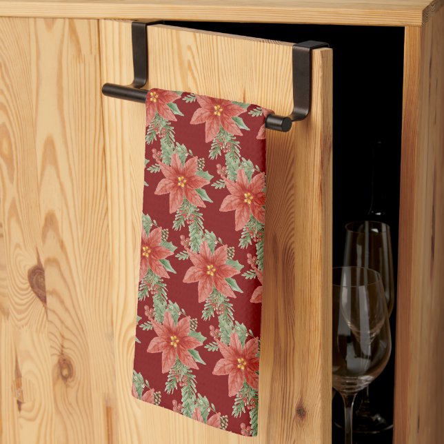 Linge De Cuisine Botanique de Noël Rouge Poinsettia (Pliage en tiers)