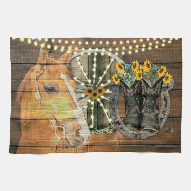 Linge De Cuisine Botte de cowboy Rustique Cheval tournesol Wagon (Horizontal)