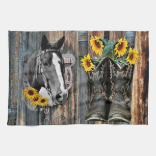 Linge De Cuisine Bottes de cowboy Rustique Western Horse Tournesols