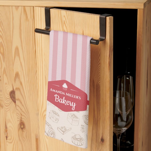 Linge De Cuisine Boulangerie Retro à rayures roses Personnalisées C (Pliage en tiers)