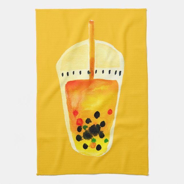Linge De Cuisine Boule de thé boba aquarelle art (Vertical)