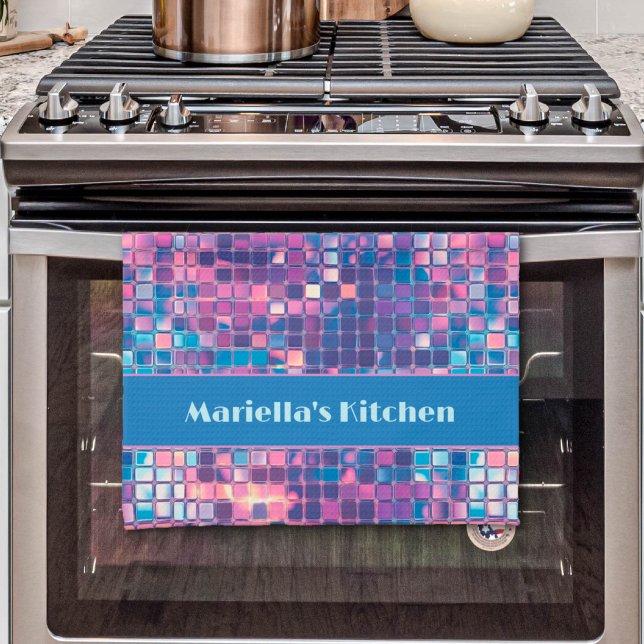 Linge De Cuisine Boule Disco Bleu super & Violet Personnalisée (Groovy Blue & Purple Disco Ball Personalized Kitchen Towel)