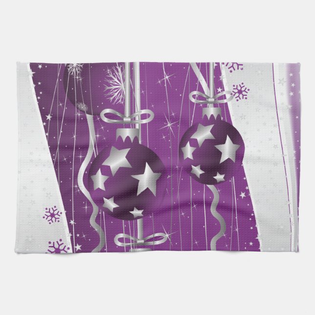 Linge De Cuisine Boules de Noël violettes et grises étoiles et floc (Horizontal)