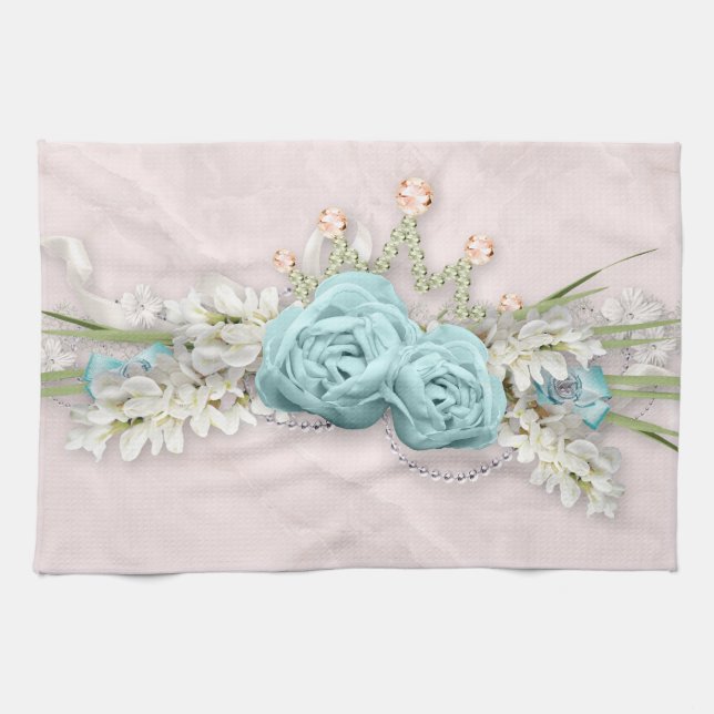 Linge De Cuisine Bouquet de fleurs de Roses bleus et de Couronne (Horizontal)