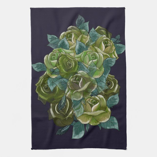 Linge De Cuisine Bouquet floral, roses verts sur bleu foncé (Vertical)