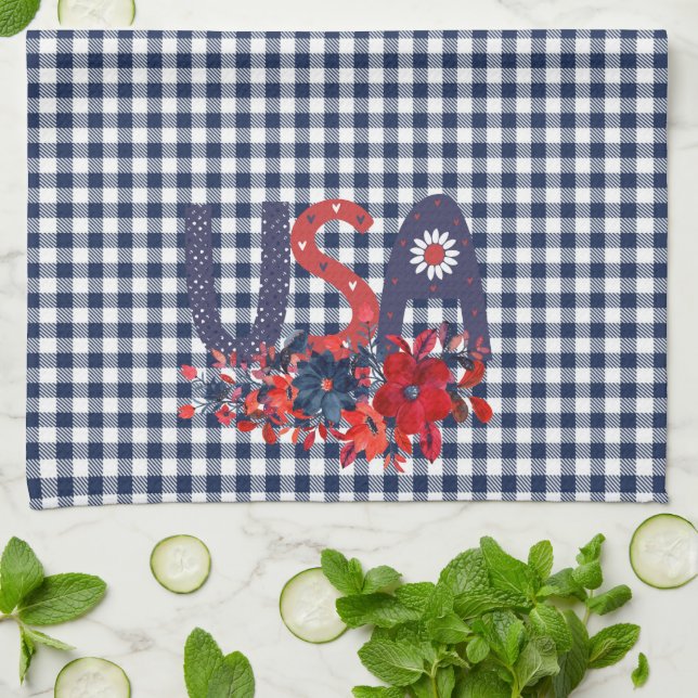 Linge De Cuisine Bouquet Patriotique Rouge Blanc & Bleu USA (Plié)