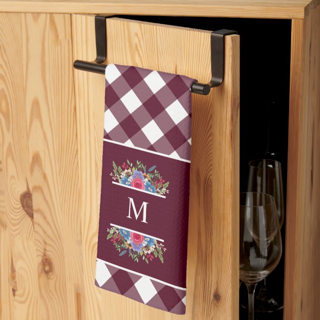 Linge De Cuisine Bouquets de fleurs rouges bleues Monogramme de pai (Pliage en tiers)