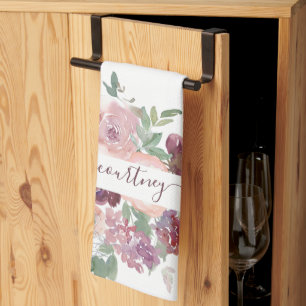 Linge De Cuisine Bourgogne et floral aquarelle rose personnalisé  