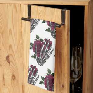 Linge De Cuisine Bourgogne Floral Squelette main gothique