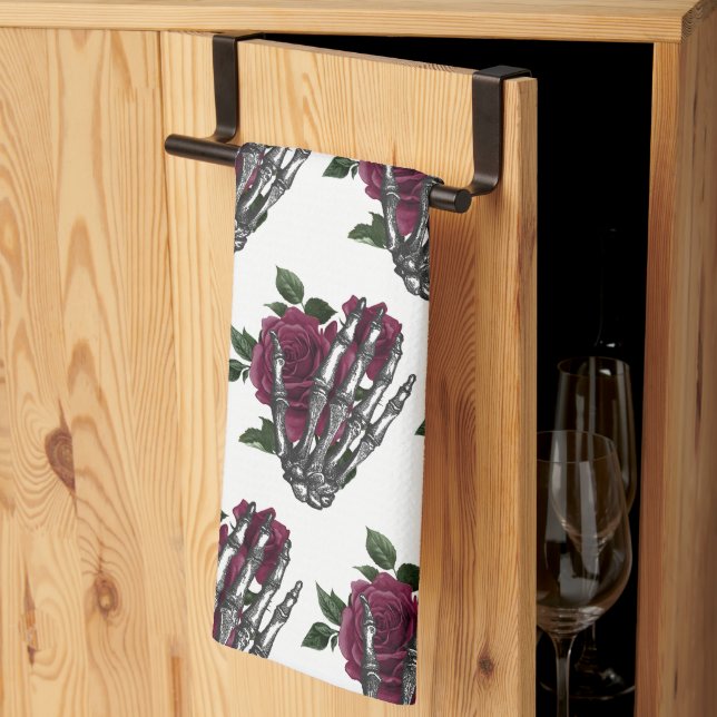 Linge De Cuisine Bourgogne Floral Squelette main gothique (Pliage en tiers)