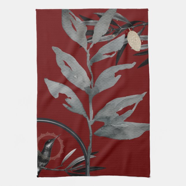 Linge De Cuisine Bourgogne riche et gris Feuilles d'aquarelle artis (Vertical)