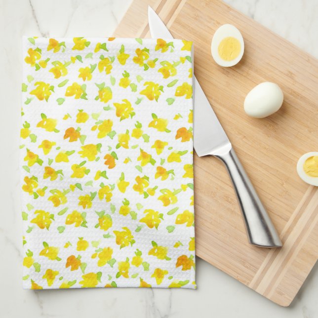 Linge De Cuisine Bouteille Fleurs Jaunes Aquarelle Art Floral (Quart Plié)