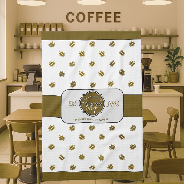 Linge De Cuisine Boutique de café professionnel logo personnalisé (Coffee shop waiter towel with logo in a coffee shop decor)