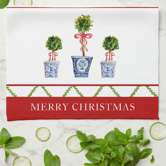 Linge De Cuisine Boxwood Topiary avec treillis Noël (Plié)