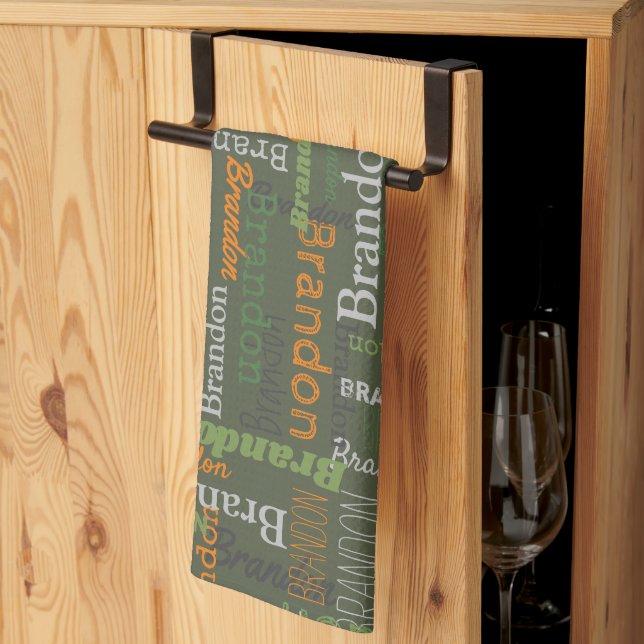 Linge De Cuisine Brandon nom personnalisé vert orange (Pliage en tiers)