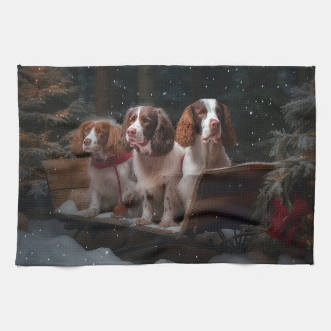 Linge De Cuisine Bretagne Spaniel Snowy Sleigh Décor de Noël (Horizontal)