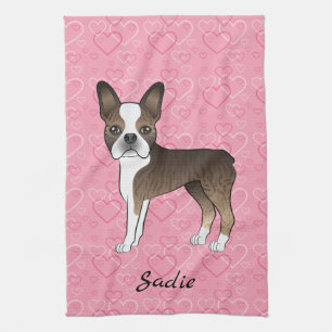 Linge De Cuisine Brindle Boston Terrier Chien Sur Coeurs Rose Et No