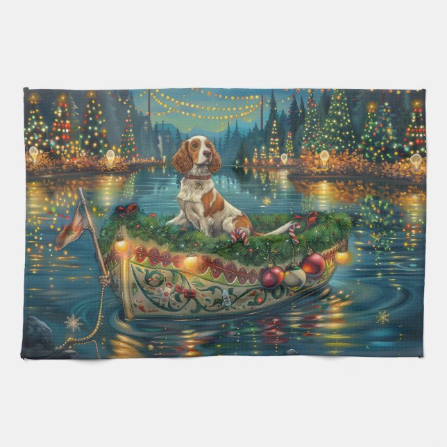 Linge De Cuisine Brittany Spaniel Noël Festive Voyage (Horizontal)
