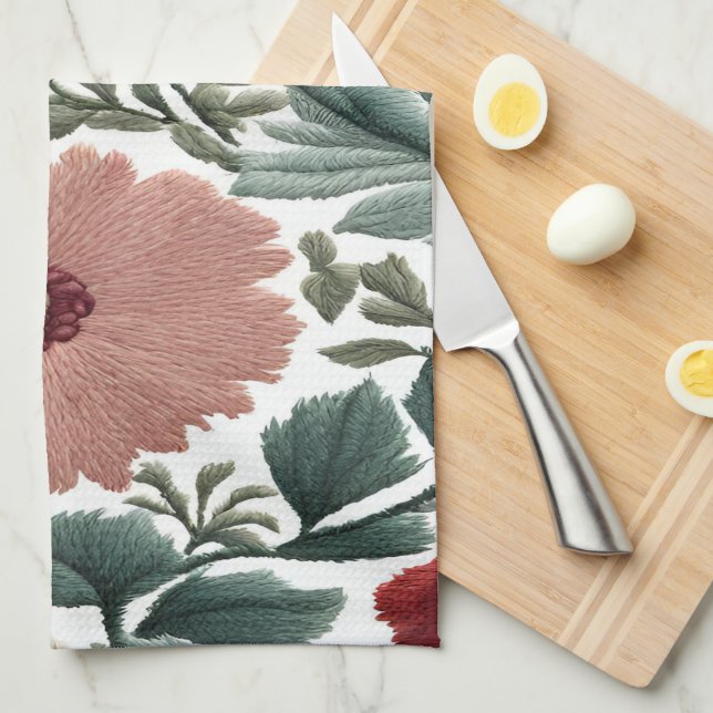 Linge De Cuisine Broderie. Fleurs. Gros plan des fleurs (Quart Plié)