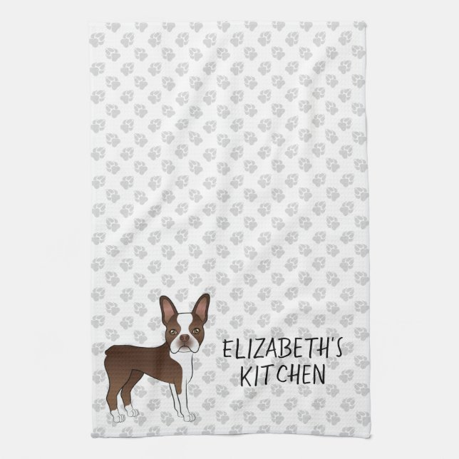 Linge De Cuisine Brown Boston Terrier Cartographie Chien et texte p (Vertical)
