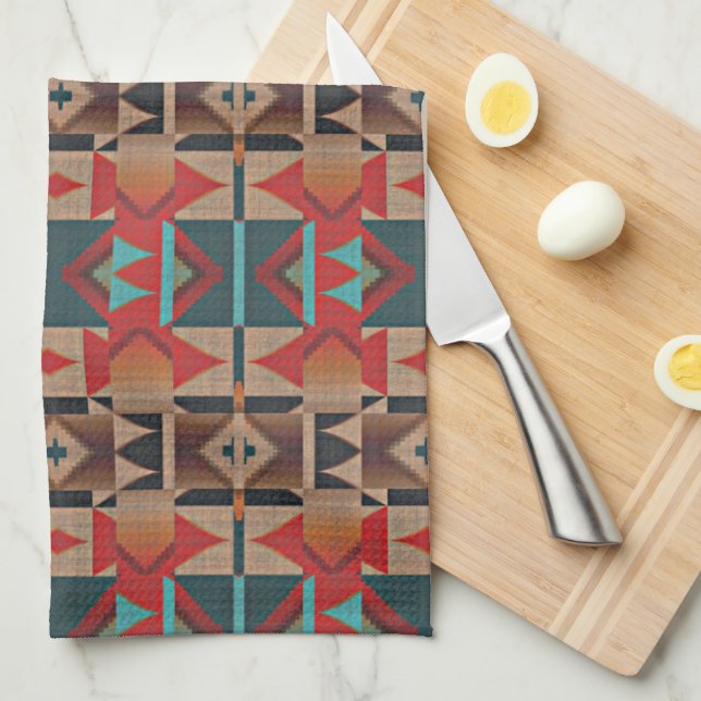 Linge De Cuisine Brown rouge orange Turquoise bleu Tribal Art Motif (Quart Plié)