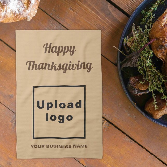Linge De Cuisine Brun clair | Thanksgiving | Business | (Business name and logo with Thanksgiving greeting on light brown kitchen towel)
