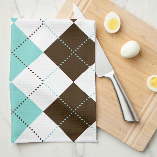 Linge De Cuisine Brun de très bon goût et motifs bleus turquoises (Quart Plié)