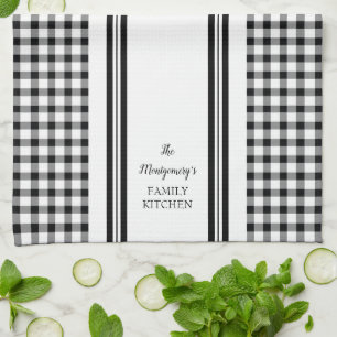 Linge De Cuisine Buffalo Check Plaid Black   Nom de famille blanc