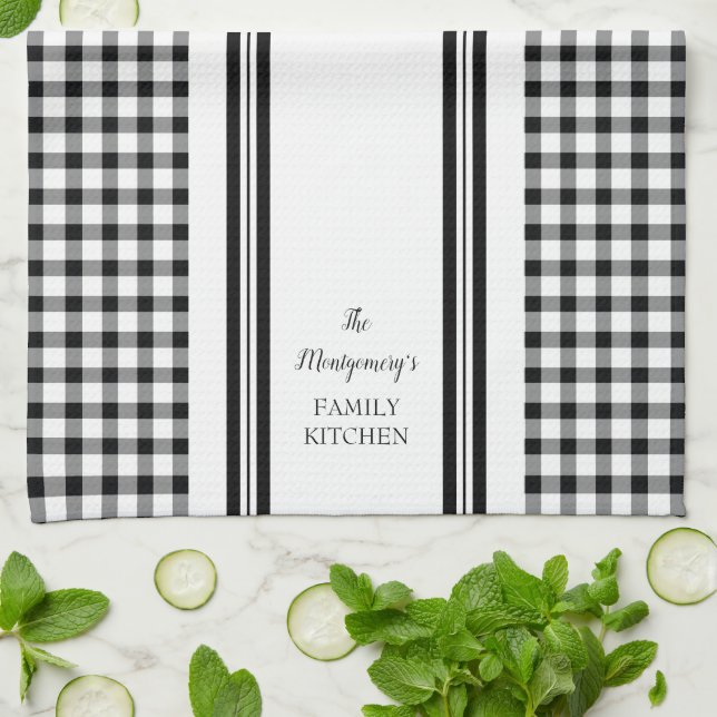 Linge De Cuisine Buffalo Check Plaid Black | Nom de famille blanc (Plié)