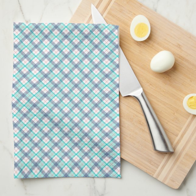 Linge De Cuisine Buffalo Plaid en Aqua, Blanc, Marine et Rouge (Quart Plié)