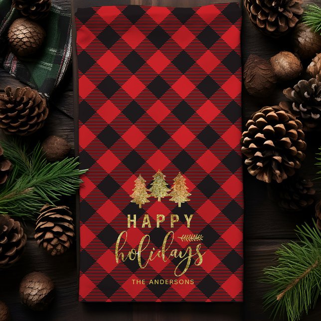 Linge De Cuisine Buffalo Plaid Happy Holidays Personnalisé (Créateur téléchargé)