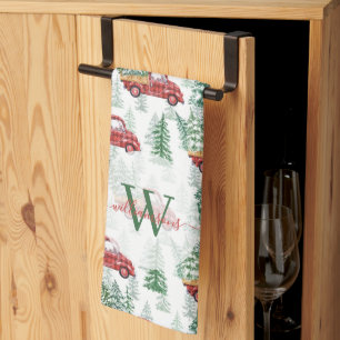 Linge De Cuisine Buffle à carreaux aquarelle camion de Noël vintage