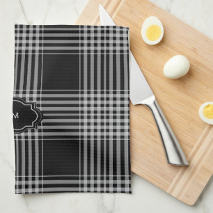 Linge De Cuisine Buffle noir et blanc plaid monogrammé